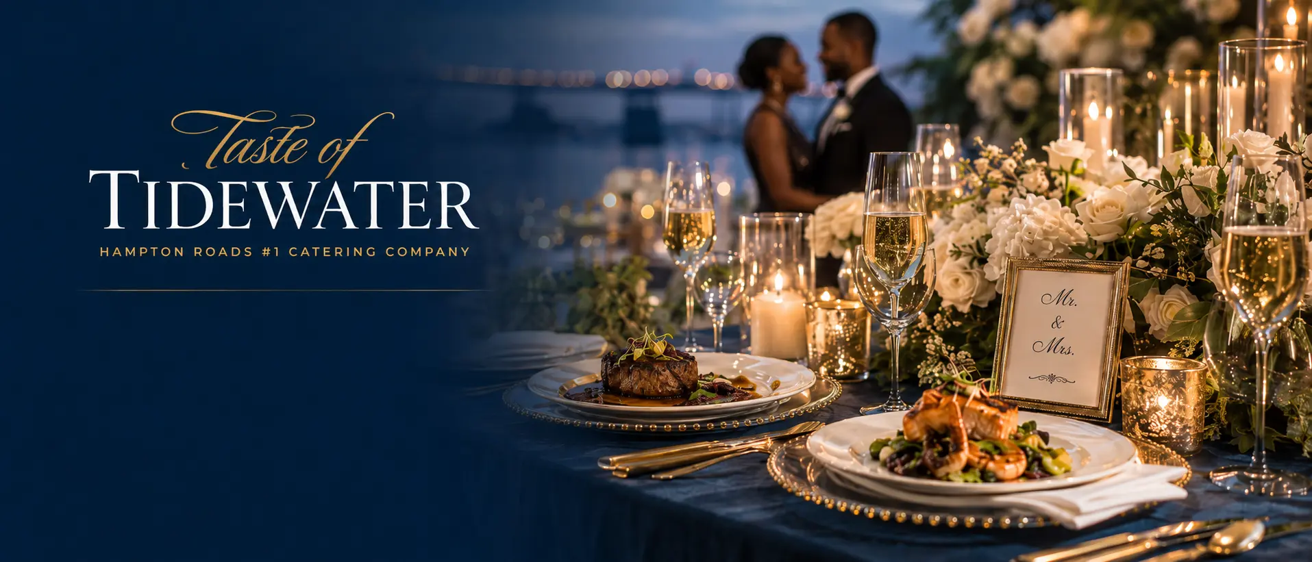 Taste of Tidewater wedding reception with an African American couple and an elegant catered tablescape
